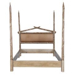 21st C. Silvered Reeded Four Poster Bed, Modern Neoclassical/Regency Influences