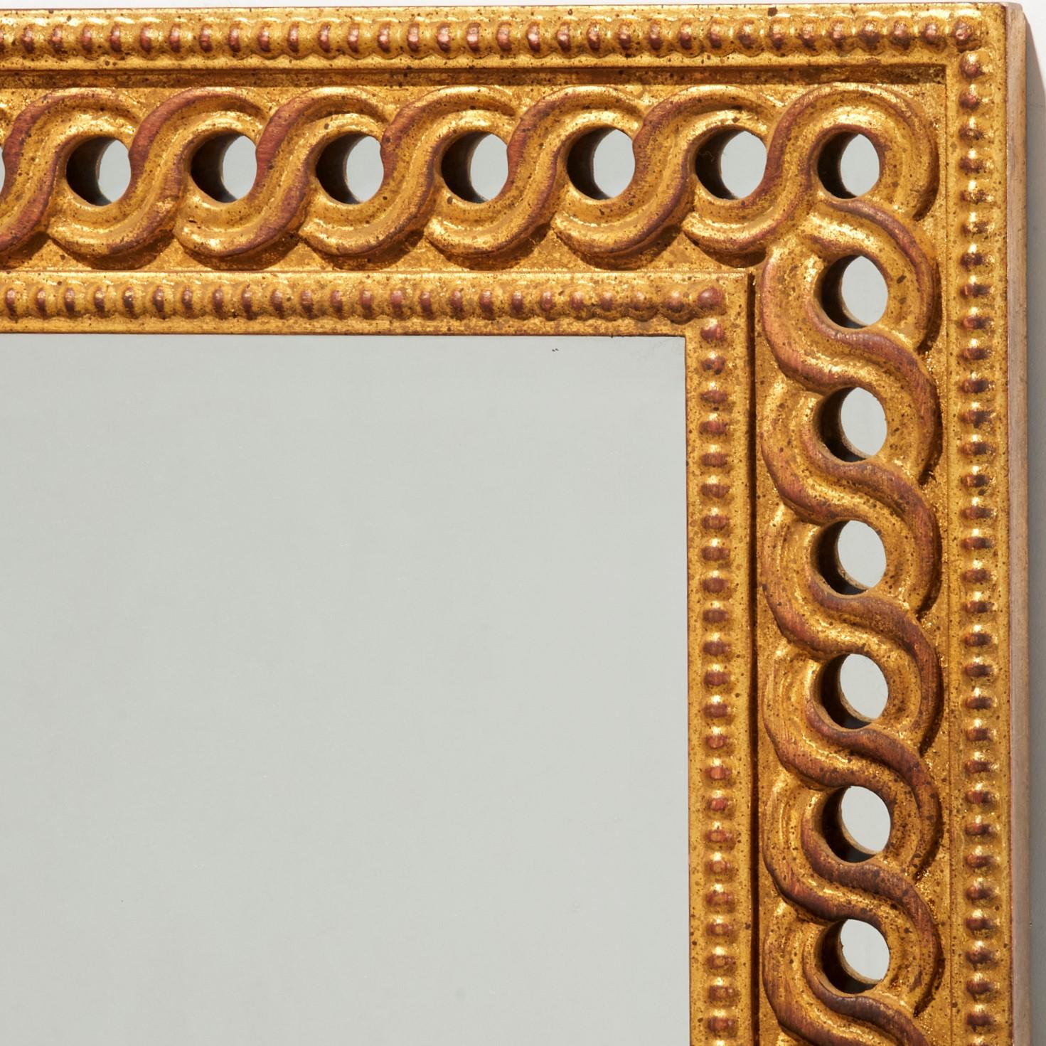 Neoclassical 21st C., Unusual Rectangular Wall Mirror, Pierced Gilt Frame Over Beveled Glass