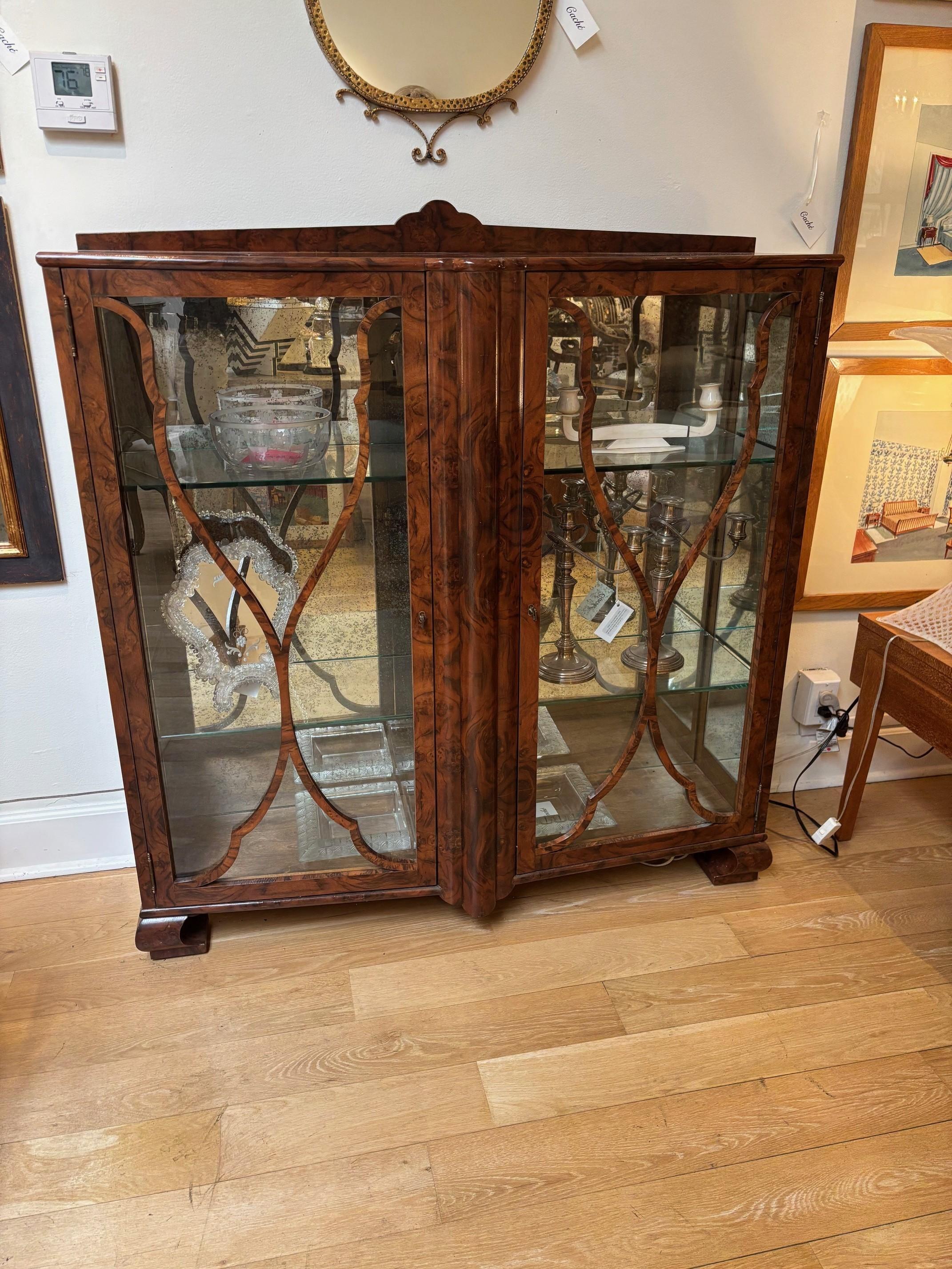 21st C. Walnut Burl Veneer Glass Paneled Two Door Adjustable Two Shelves Vitrine For Sale 5