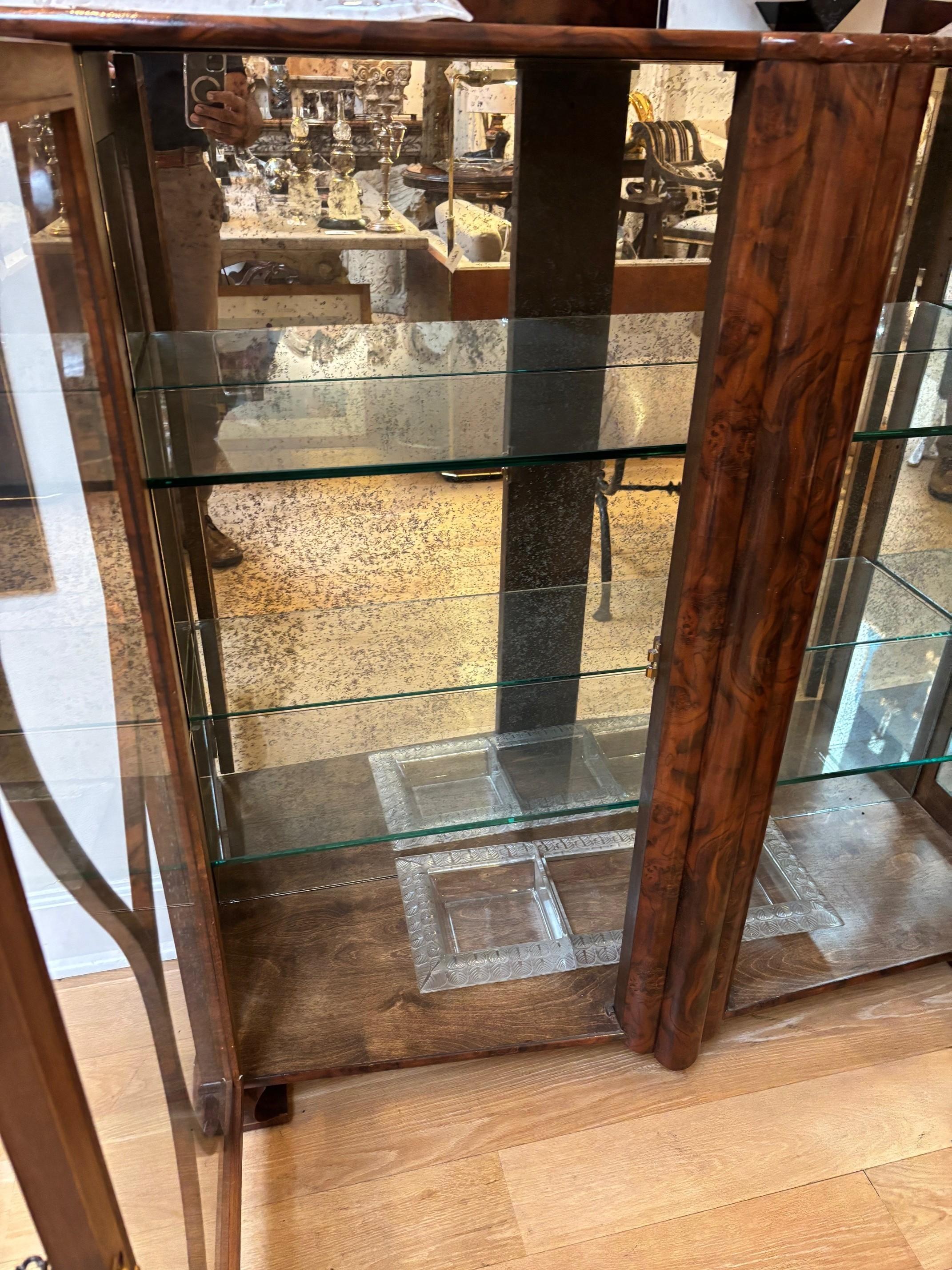 American 21st C. Walnut Burl Veneer Glass Paneled Two Door Adjustable Two Shelves Vitrine For Sale