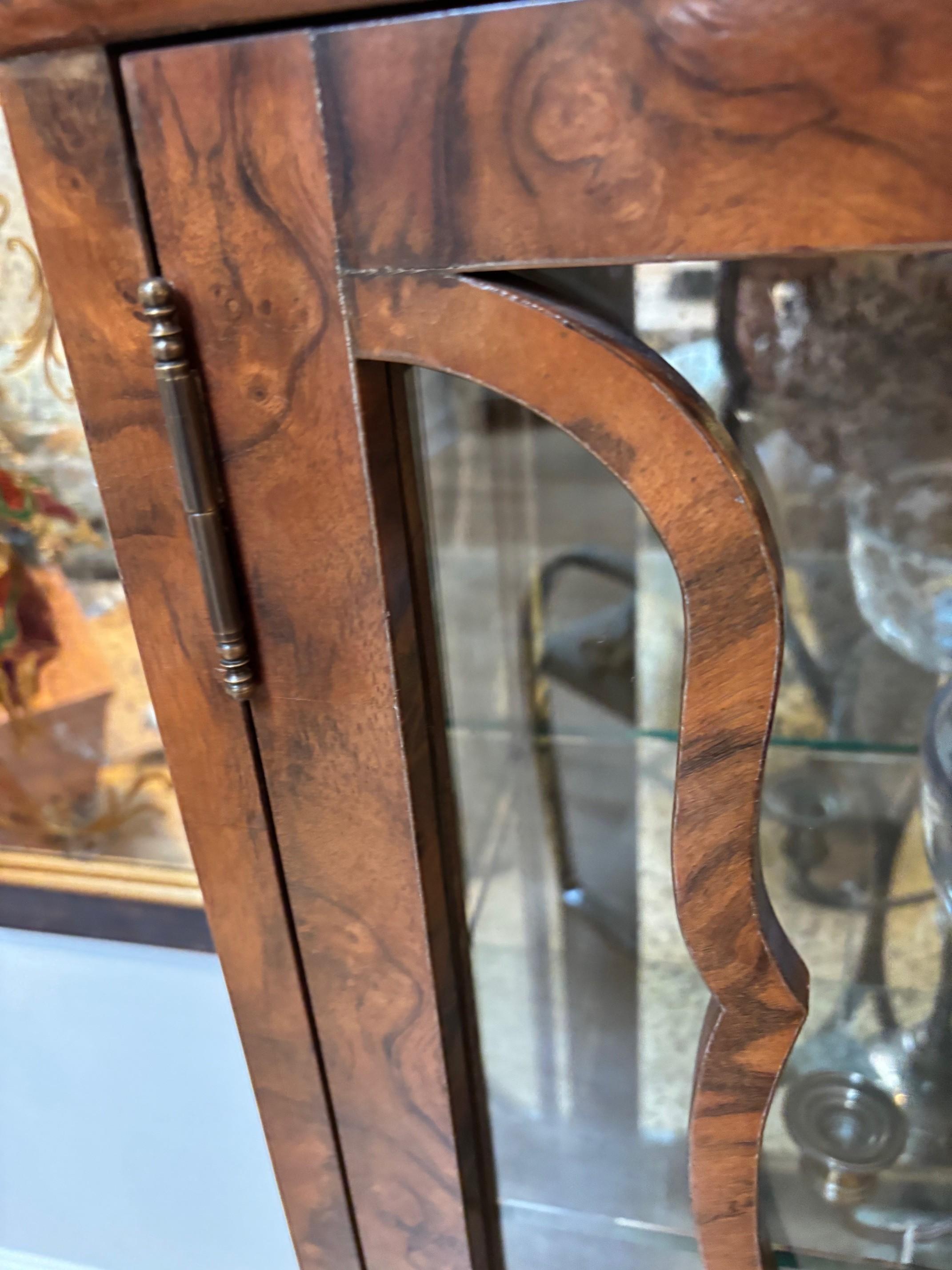 Carved 21st C. Walnut Burl Veneer Glass Paneled Two Door Adjustable Two Shelves Vitrine For Sale