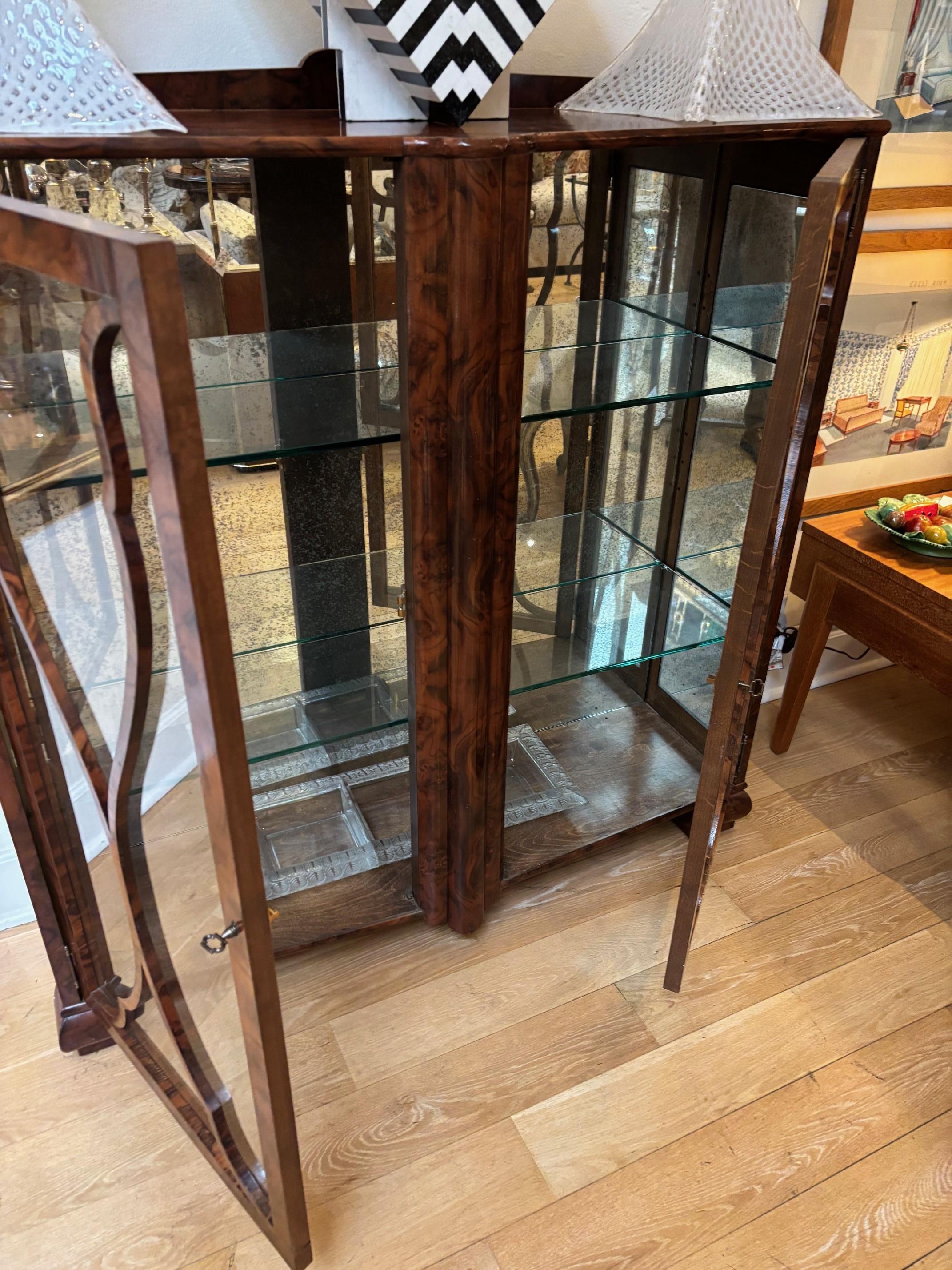 Contemporary 21st C. Walnut Burl Veneer Glass Paneled Two Door Adjustable Two Shelves Vitrine For Sale