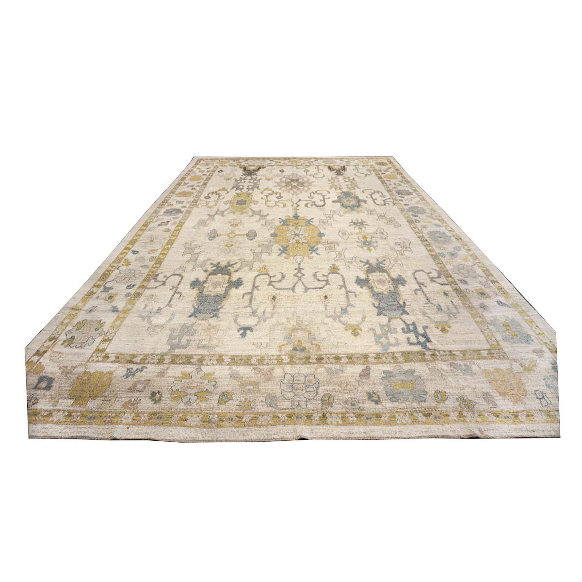 Contemporary 21st Cent. Oversized Turkish Oushak 12x19 Ivory, Olive Green & Blue Handmade Rug For Sale