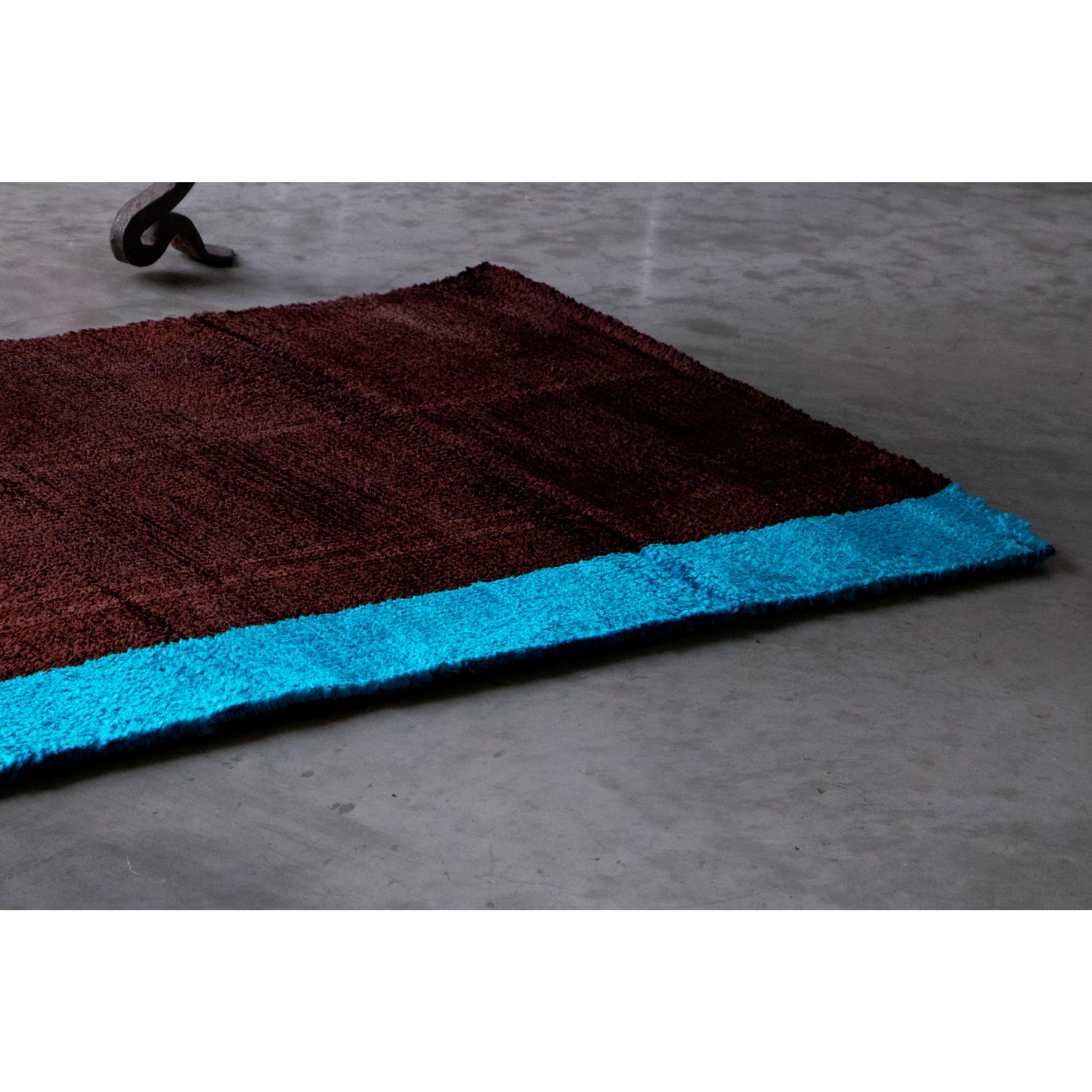 Indian 21st Cent Shiny Sky Blue Brown Runner Rug by Deanna Comellini in Stock 70x240 cm For Sale