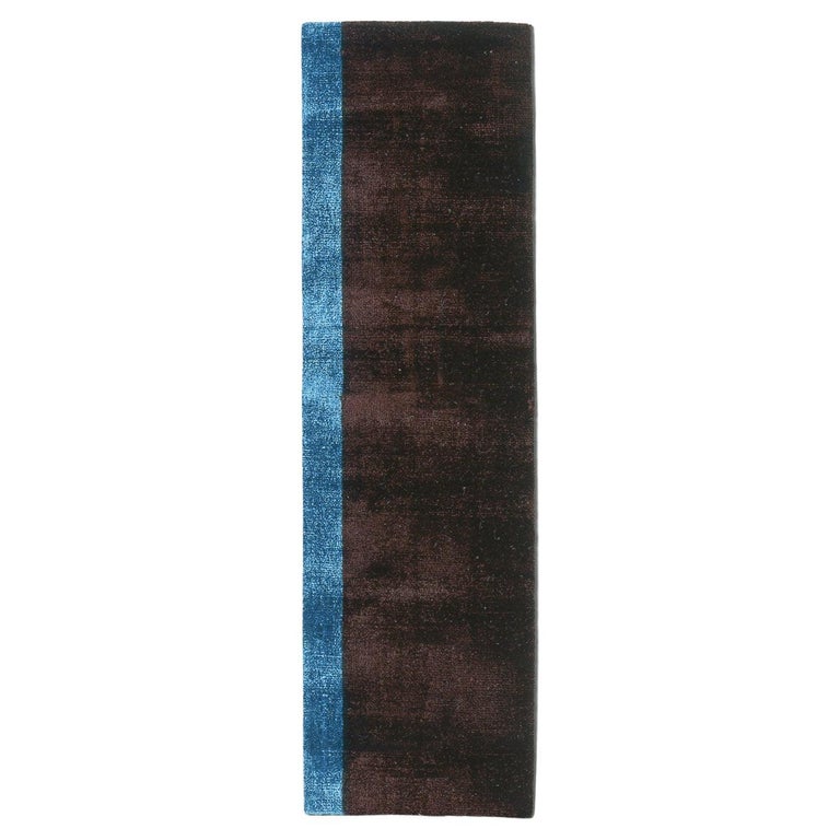 21st Century Shiny Sky Blue Brown Runner Rug by Deanna Comellini in