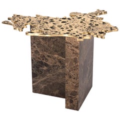 Contemporary 1-3 Side Table, Polished Patinated Brass Cast and Brown Marble