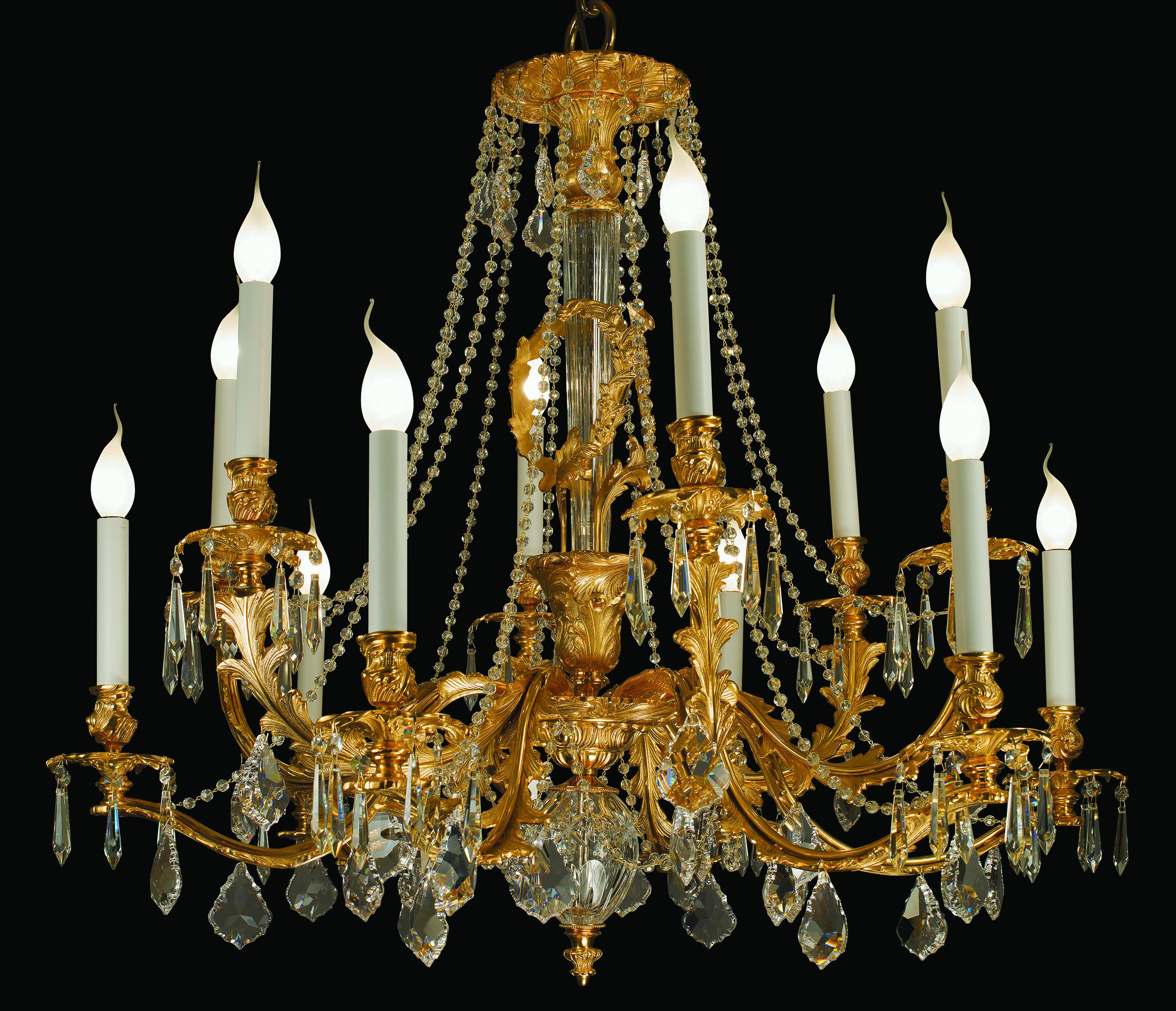 italien 21e siècle, lustre à 12 éclairages en cristal transparent et bronze en vente