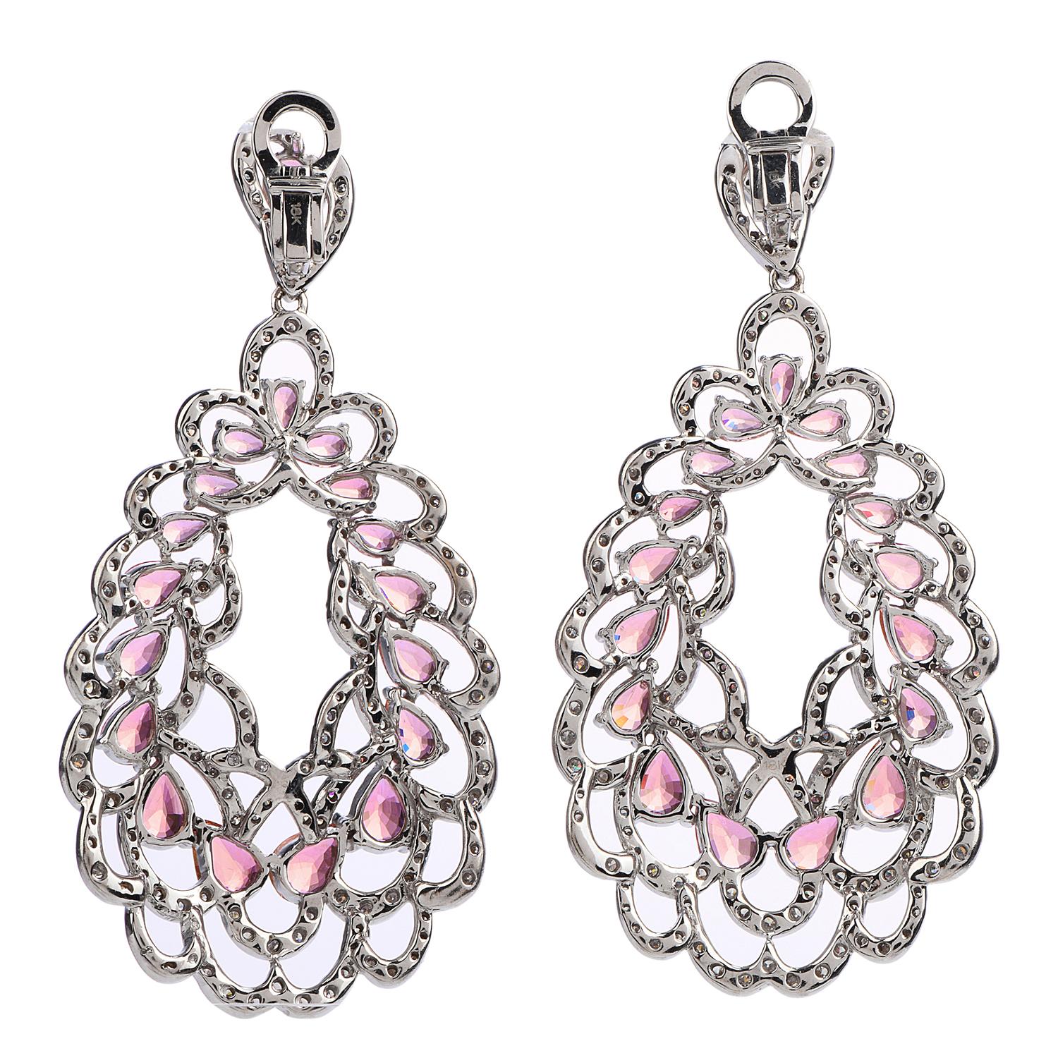 Modern 21st Century 16.48 Carats Pink Sapphire Diamond 18k Gold Floral Dangle Earrings