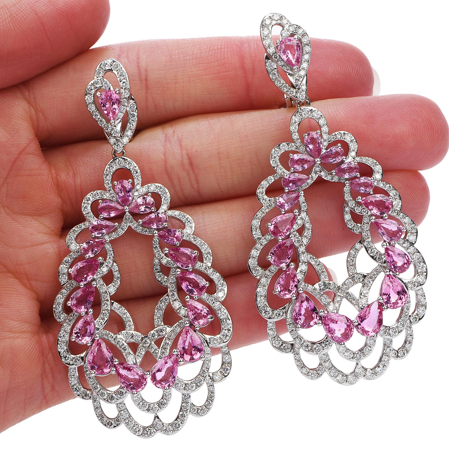 Pear Cut 21st Century 16.48 Carats Pink Sapphire Diamond 18k Gold Floral Dangle Earrings