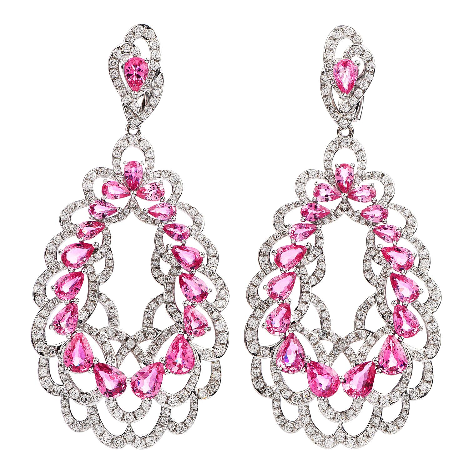 21st Century 16.48 Carats Pink Sapphire Diamond 18k Gold Floral Dangle Earrings
