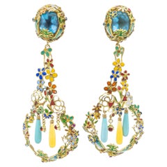 21st Century 18k Gold Earrings Enamels Flowers Birds Turquoise Opal Blue Topaz 