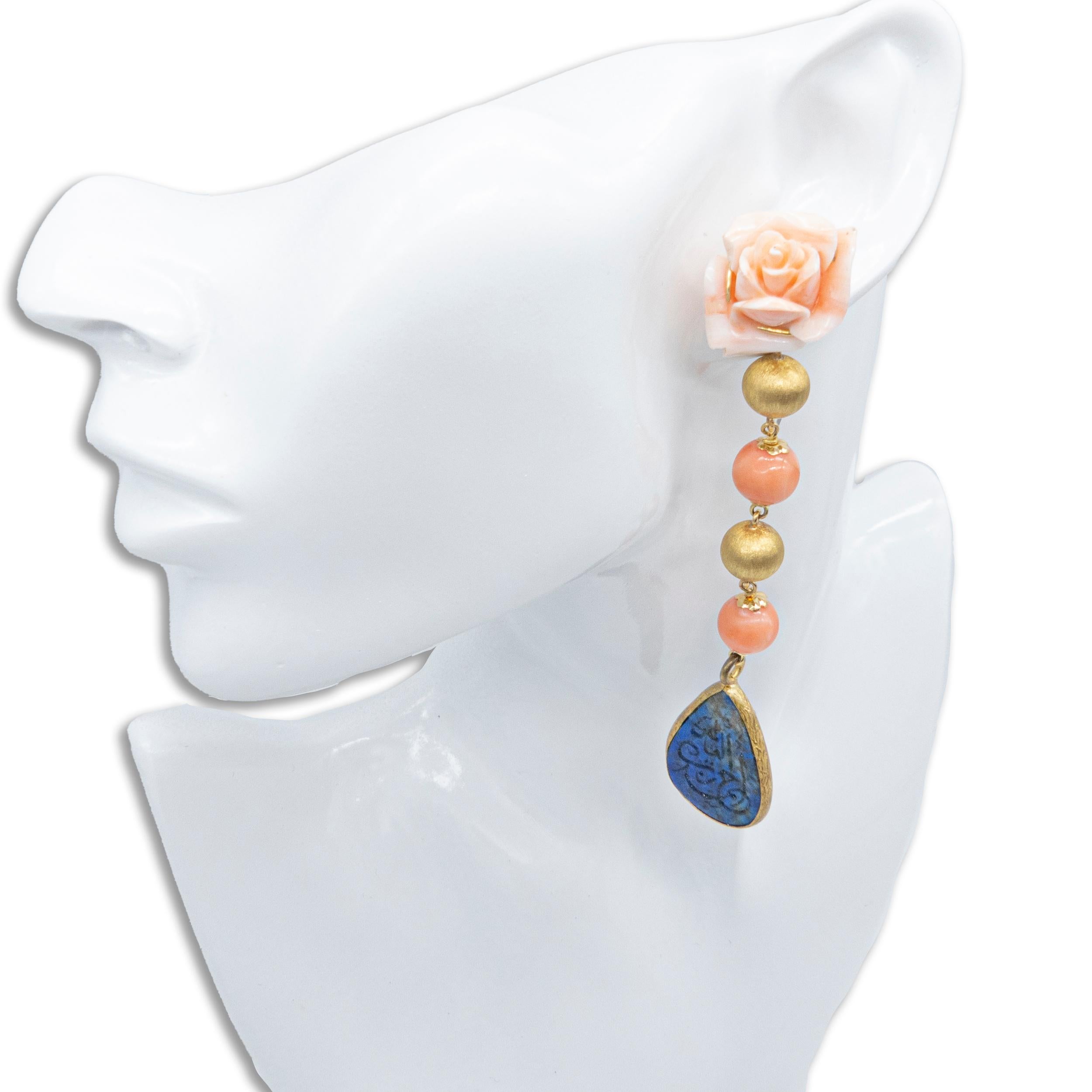 Rose Cut 21st Century 18 Karat Gold Earrings Coral Roses Lapis Lazuli Arabic Calligraphy For Sale