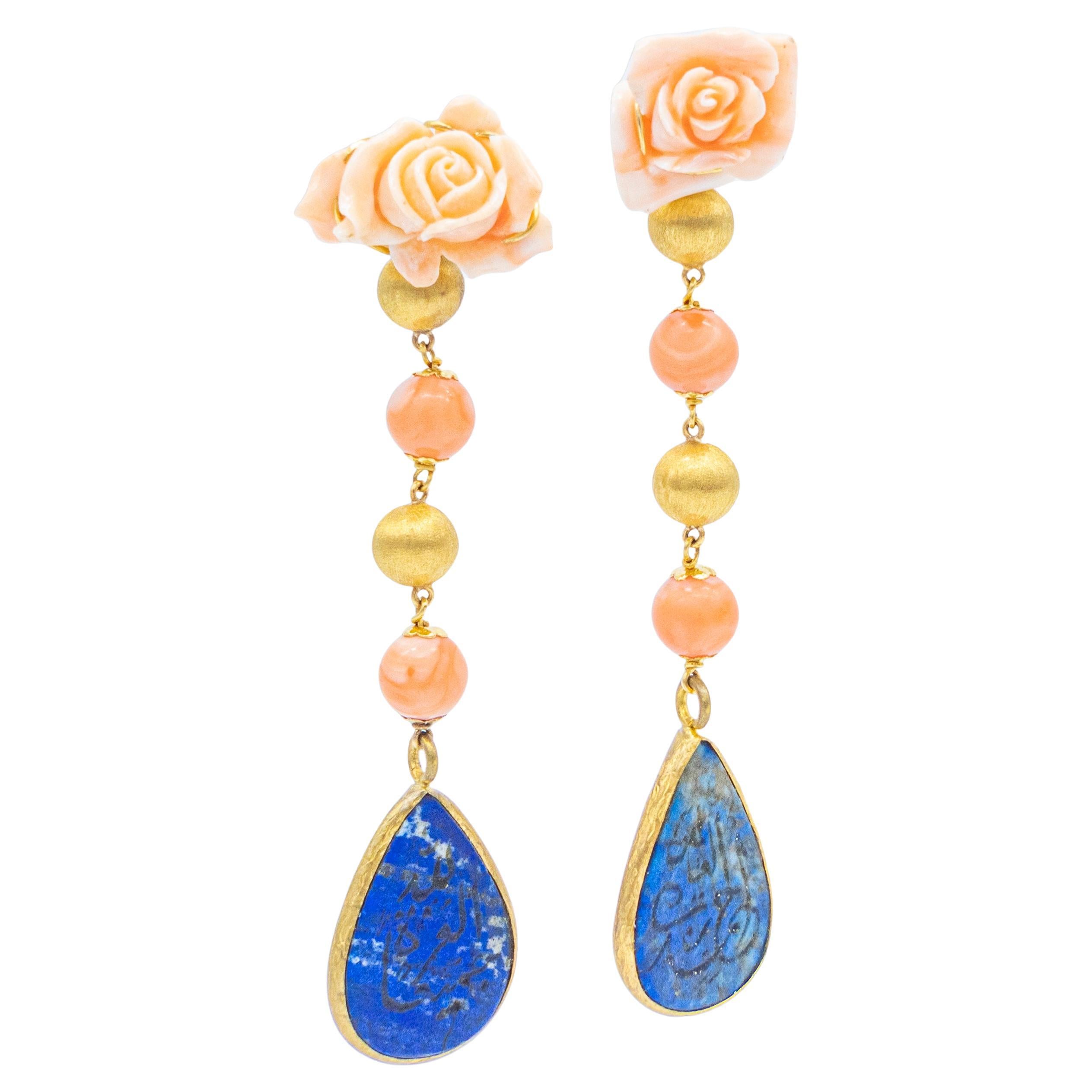 21st Century 18 Karat Gold Earrings Coral Roses Lapis Lazuli Arabic Calligraphy For Sale