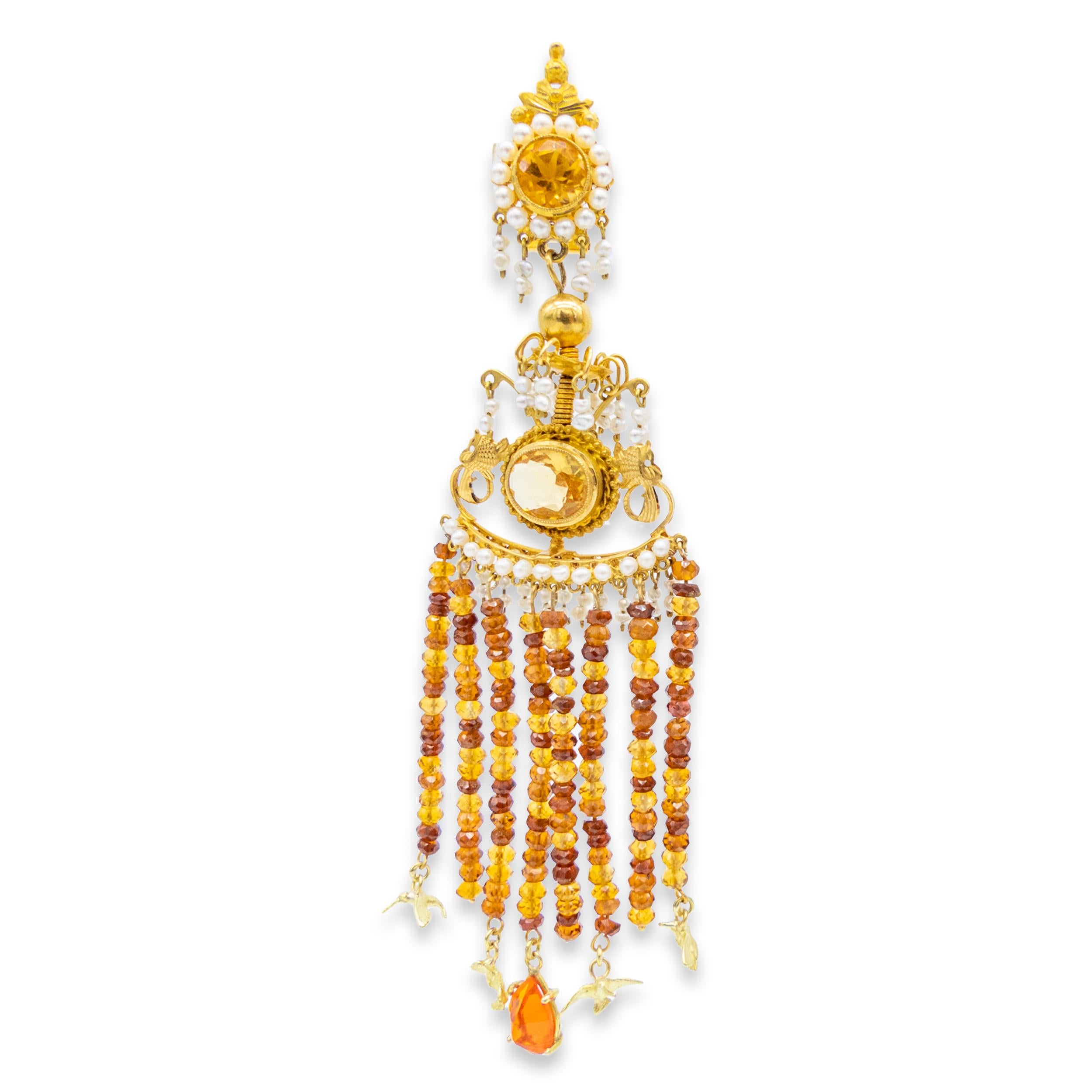 Ohrringe aus 18 Karat Gold Feueropal, Perlen, Topas und orangefarbenen Saphiren, 21. Jahrhundert (Ovalschliff)