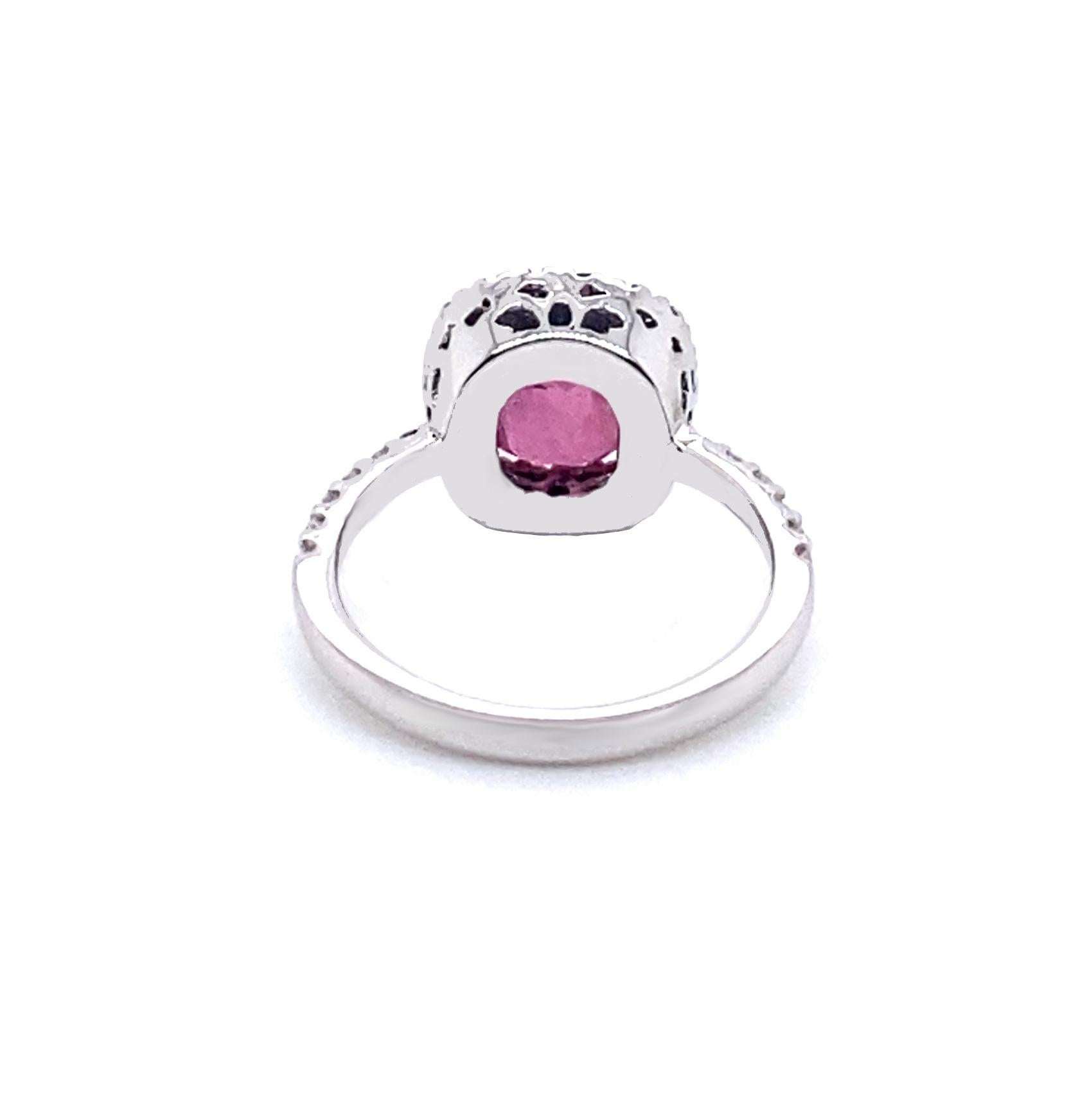 Cushion Cut 21st Century 18 Karat White Gold 2.3-Carat Ruby and G-VS Diamond Cocktail Ring For Sale