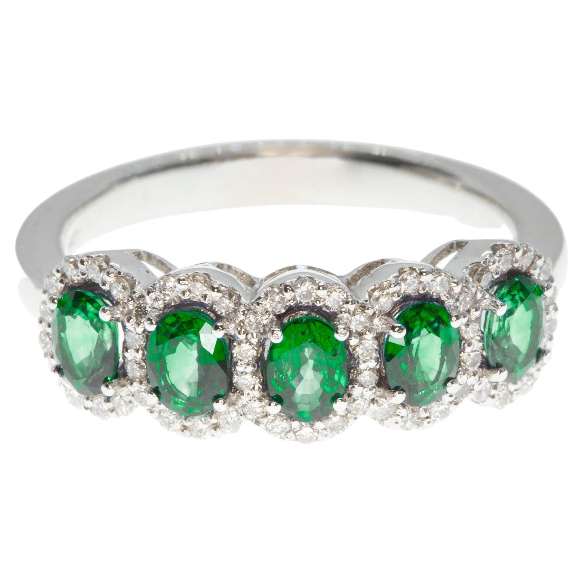 21st Century 18 Karat White Gold Diamond and Emerald Cocktail Anniversary Ring For Sale