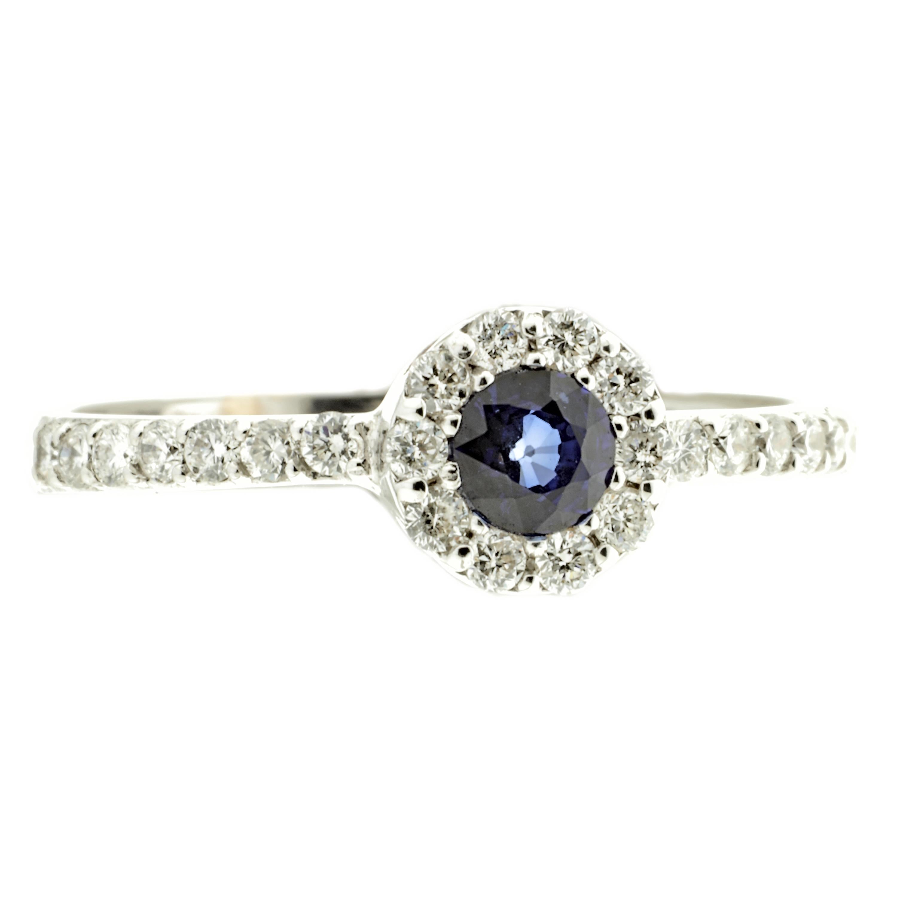 Every day is St. Valentine's Day!
This ring has been masterfully created entirely by hand from 18-karat white gold and contains 24 white G VS diamonds and a round-cut, single brilliant blue sapphire.

The photographed ring is an EU 13.50/US 6.75