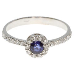21st Century 18 Karat White Gold, G VS Diamond, Blue Sapphire Ring with Halo
