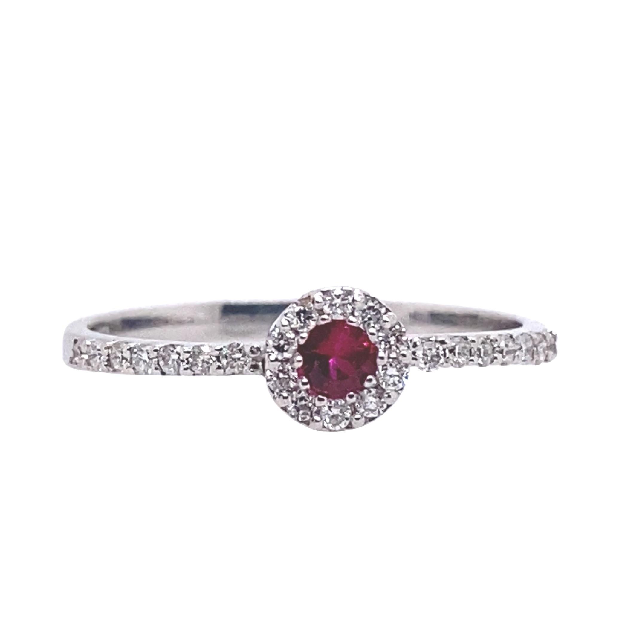Every day is St. Valentine's Day!
This ring has been masterfully created entirely by hand from 18-karat white gold and contains 24 white G VS diamonds and a round-cut, spectacular ruby

The photographed ring is an EU 14/US 7 ring size. It can be