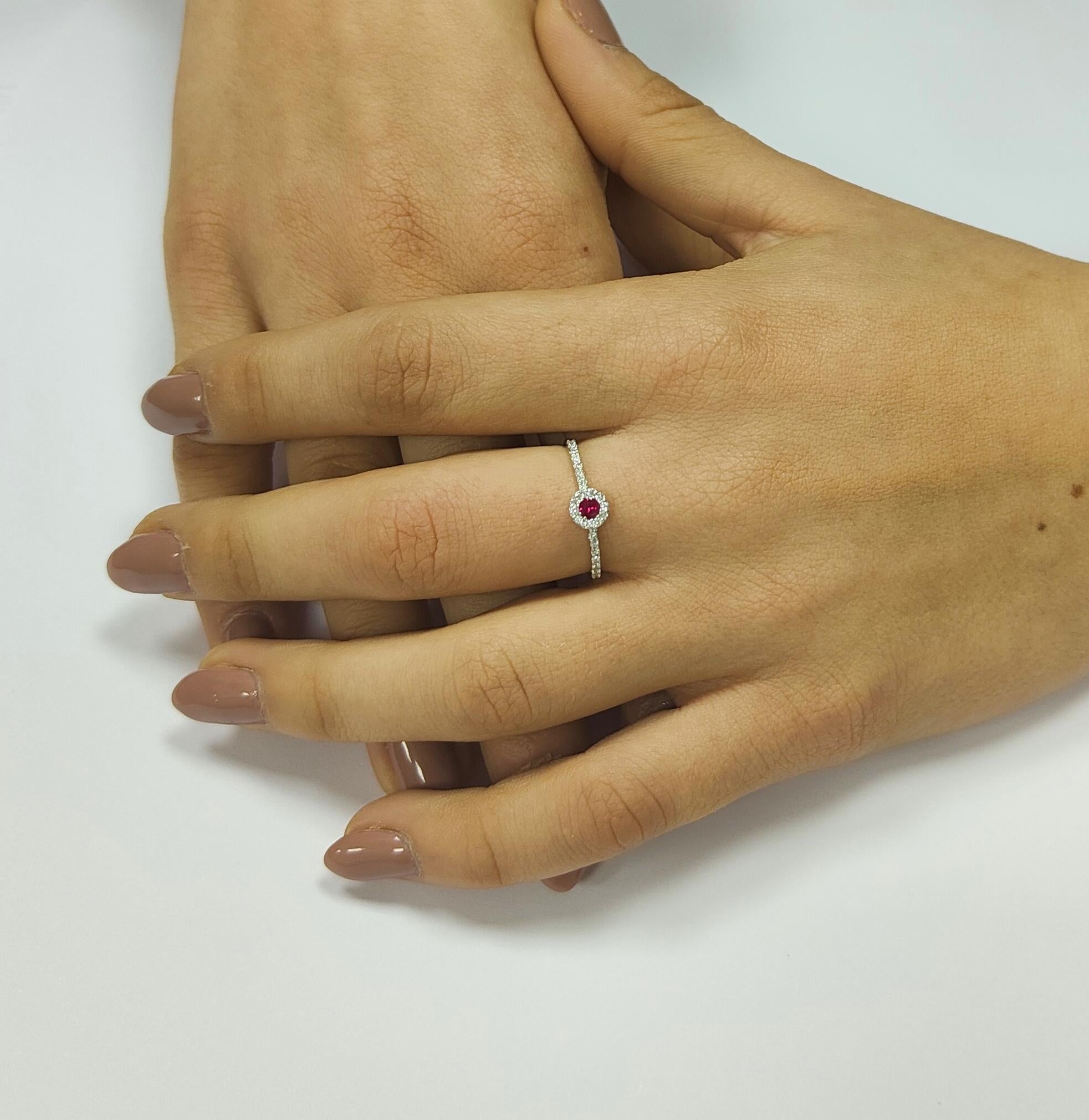 Round Cut 21st Century 18 Karat White Gold, G VS Diamond, Ruby with Diamond Halo Ring For Sale