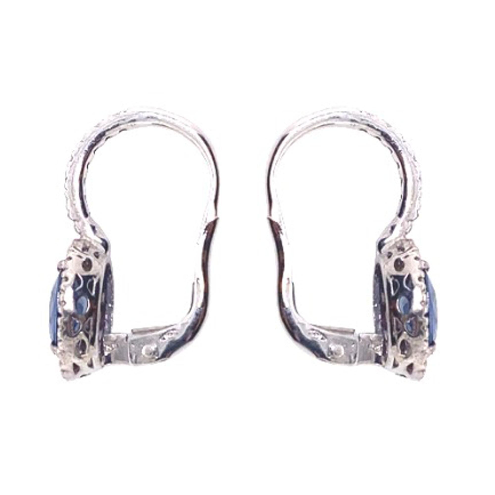 Oval Cut 21st Century 18-Karat White Gold with Blue Sapphire, G VS Diamond Drop Earrings For Sale