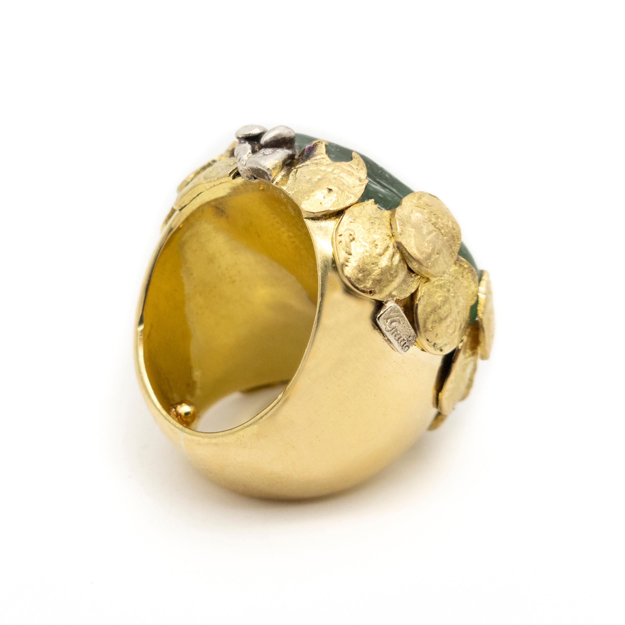 Mixed Cut 21st Century 18 Karat Yellow Gold Cocktail Ring Romain Head Carved For Sale
