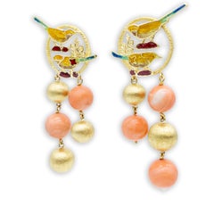21st Century 18 Karat Yellow Gold Earrings Fire Enamel Coral Angel Skin Birds