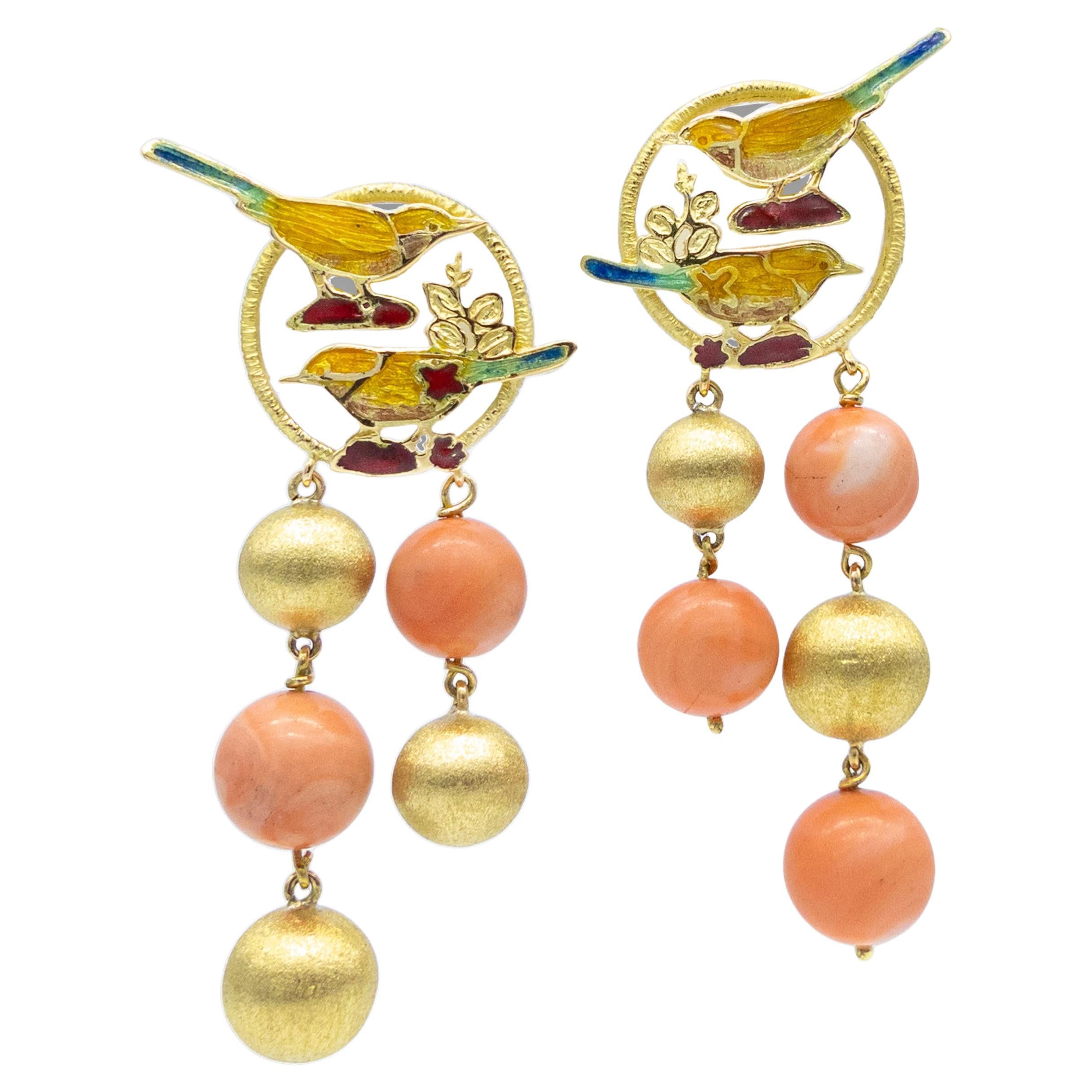 21st Century 18 Karat Yellow Gold Earrings Fire Enamel Coral Angel Skin Birds