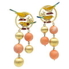 21st Century 18 Karat Yellow Gold Earrings Fire Enamel Coral Angel Skin Birds 