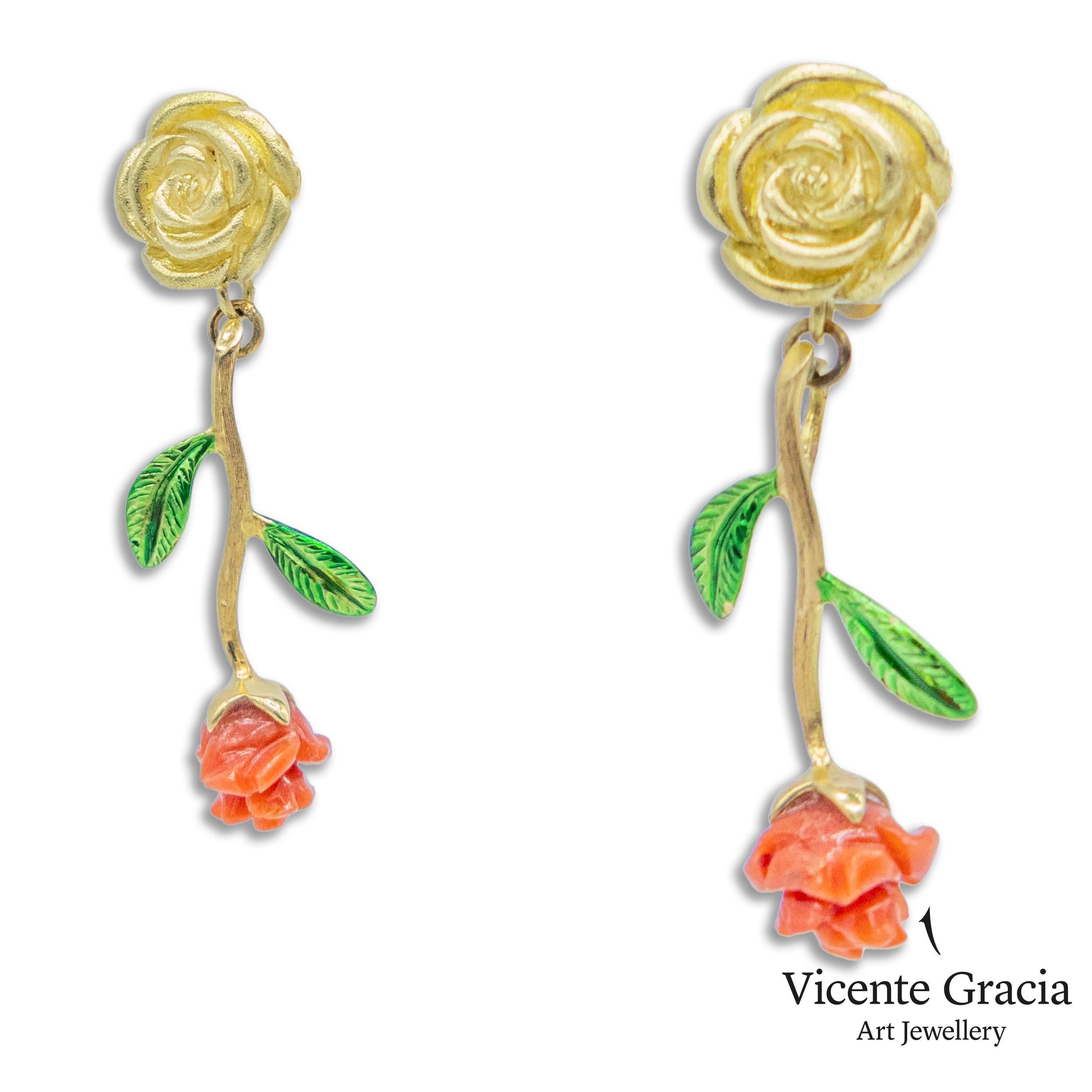 21st Century 18 Karat Yellow Gold Earrings Roses Red Coral Leafs Enamel

Earrings made of 18 Karat yellow gold, carved red coral in the shape of a rose and cold enamel.

The Roses earrings, very recurrent in our work in representation of love