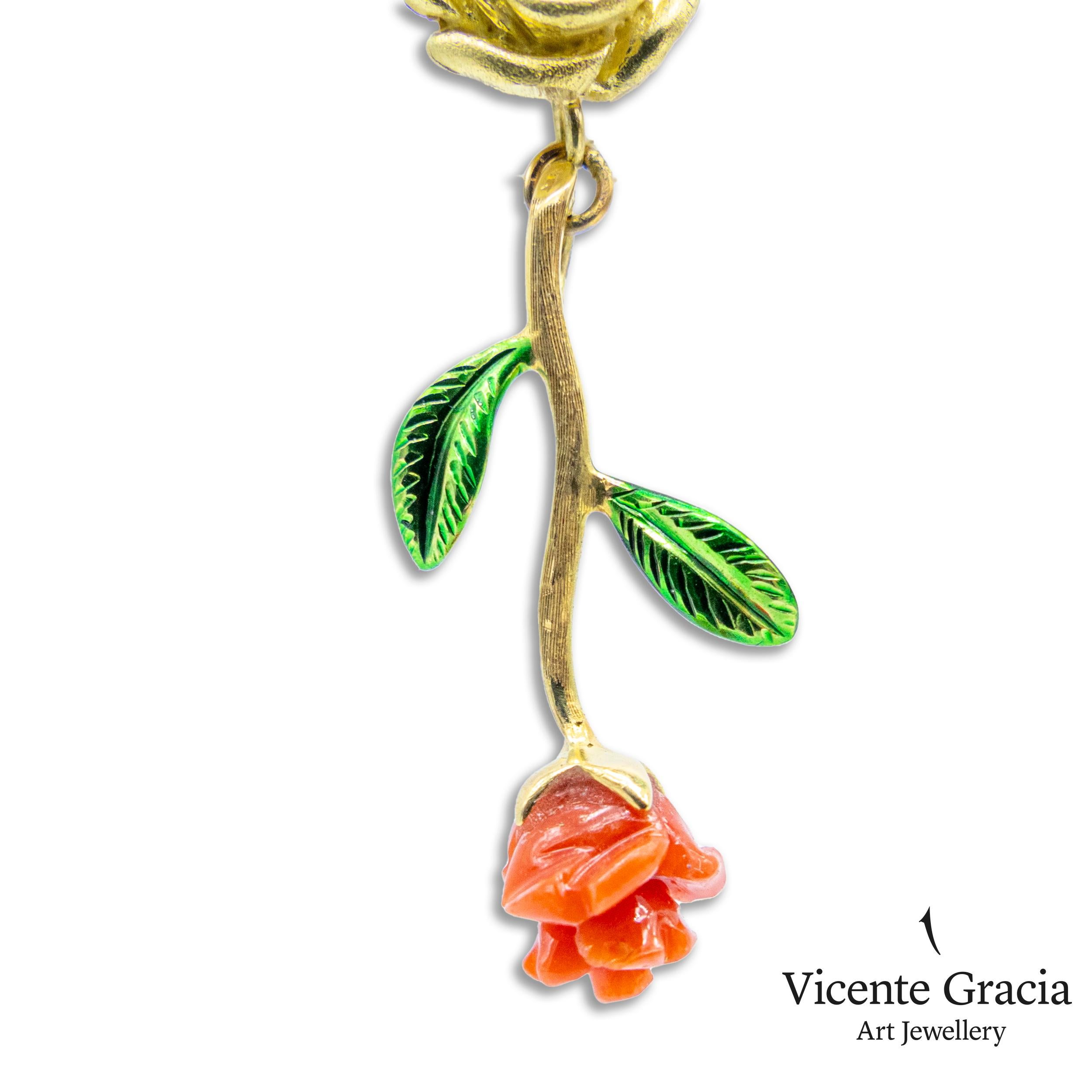 Rose Cut 21st Century 18 Karat Yellow Gold Earrings Roses Red Coral Leafs Enamel For Sale
