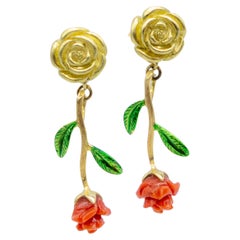 21st Century 18 Karat Yellow Gold Earrings Roses Red Coral Leafs Enamel