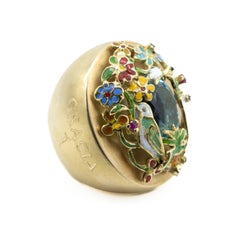 21st Century 18 Karat Yellow Gold Ring Garden Enamel Birds Flowers Blue Topaz