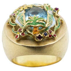 21e siècle Bague en or jaune 18 carats Jardin Émail Oiseaux Fleurs Topaze bleue 