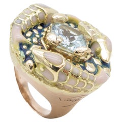 21st Century 18 Karat Yellow Gold Rose Gold Cocktail Ring Aquamarine Fish Enamel