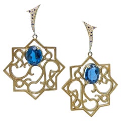 21st Century 18K Gold Earrings 8 Pointed Star Blue Topaz Star Earrings Diamonds 