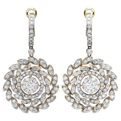 21st Century 3.52 Carats Diamond 14K Yellow Gold Flower Dangle Earrings