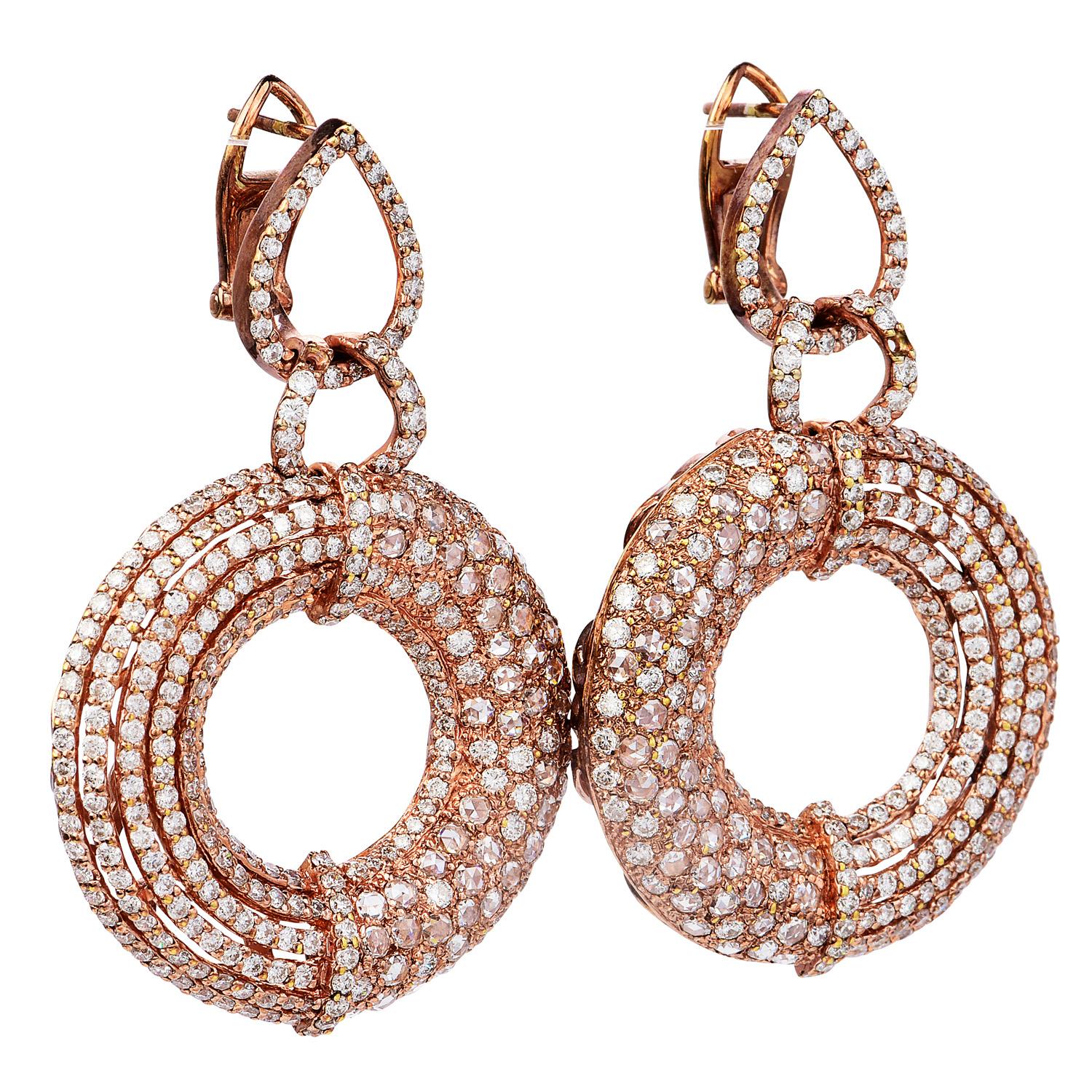 Round Cut 21st Century 5.50 Caratst Diamond 18K Pink Gold Elegant Dangle Drop Earrings