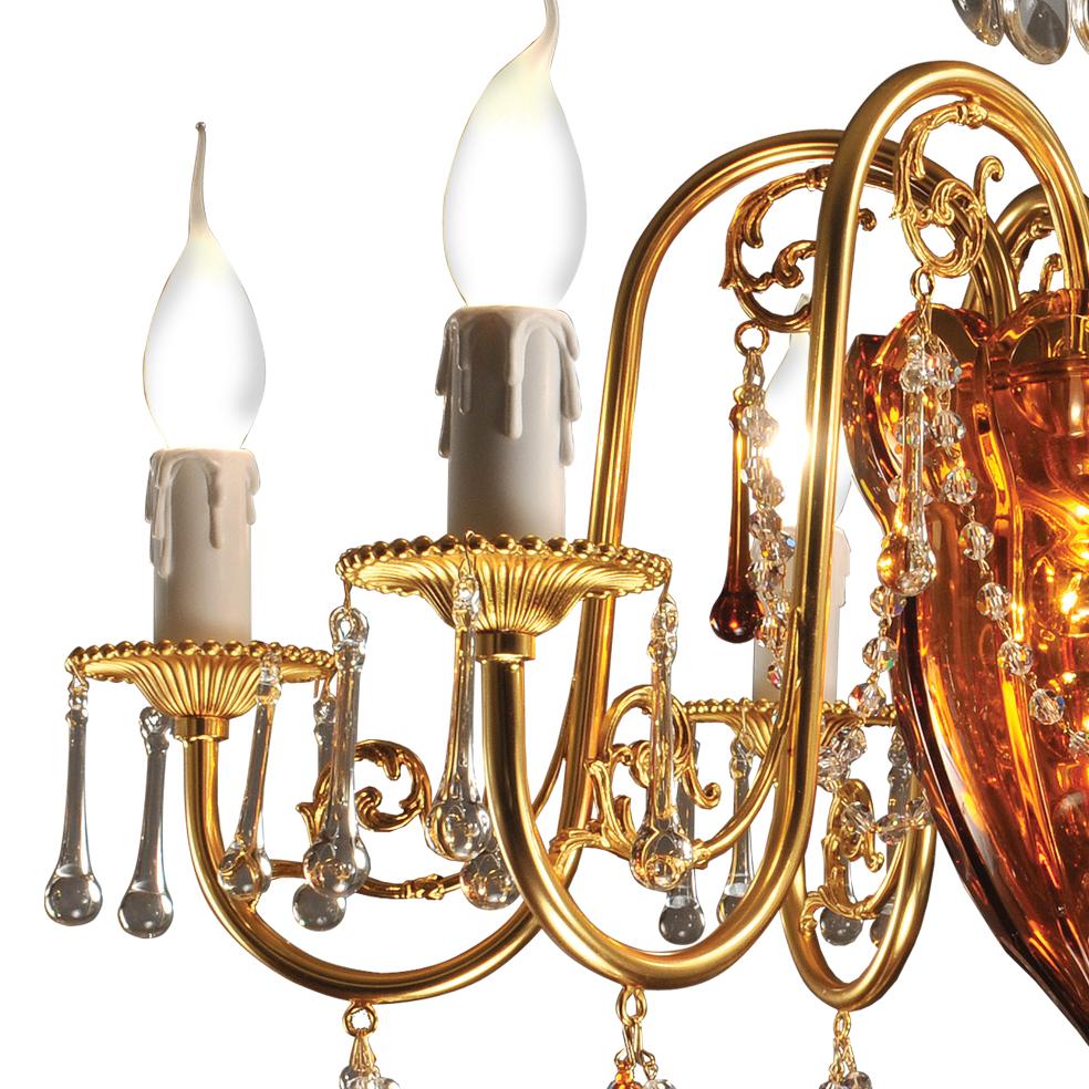 Italian 21st Century, 6-Lights Chandelier in amber Crystal and Bronze For Sale