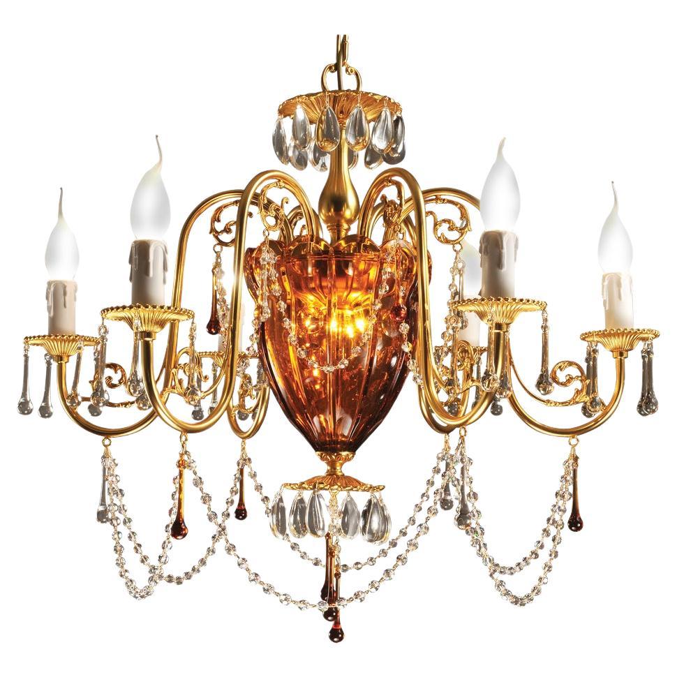 21st Century, 6-Lights Chandelier in amber Crystal and Bronze