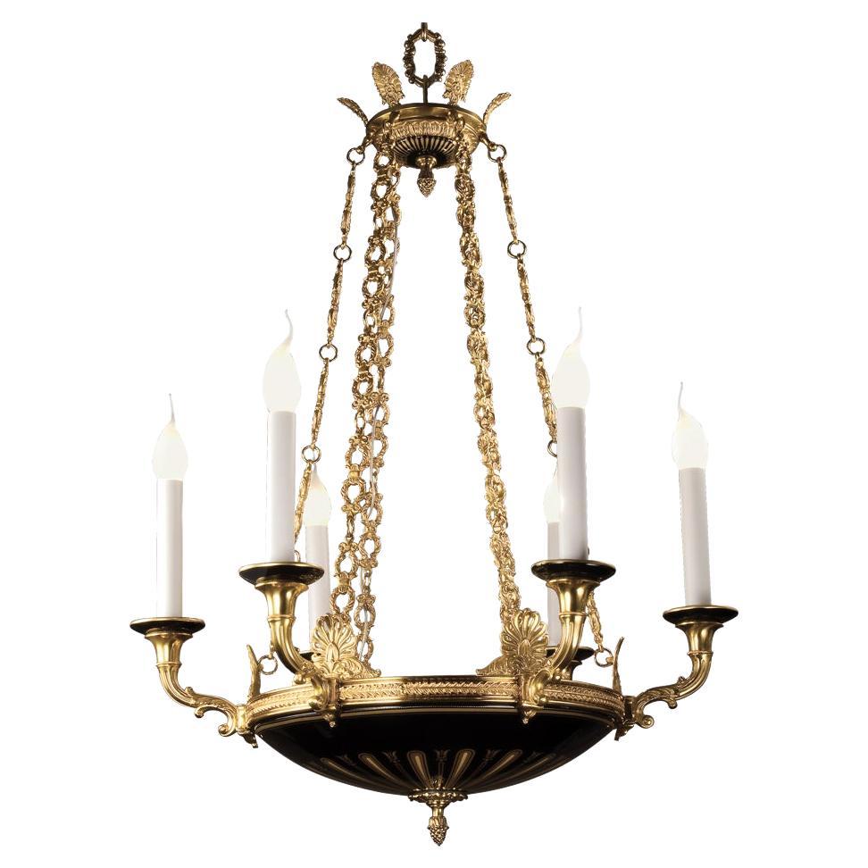 21st-Century, 6-Lights Chandelier in Decorated Porcelain and Bronze