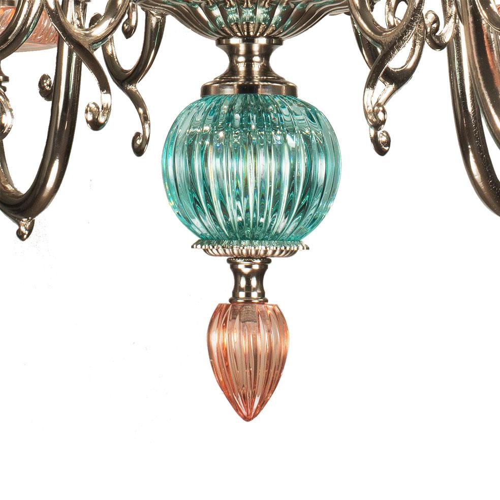 Louis XVI 21st Century, 6-Lights Chandelier in pink and green Crystal and Bronze  For Sale