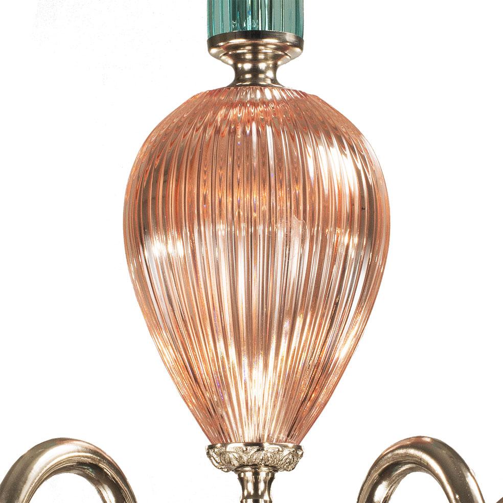 Italian 21st Century, 6-Lights Chandelier in pink and green Crystal and Bronze  For Sale