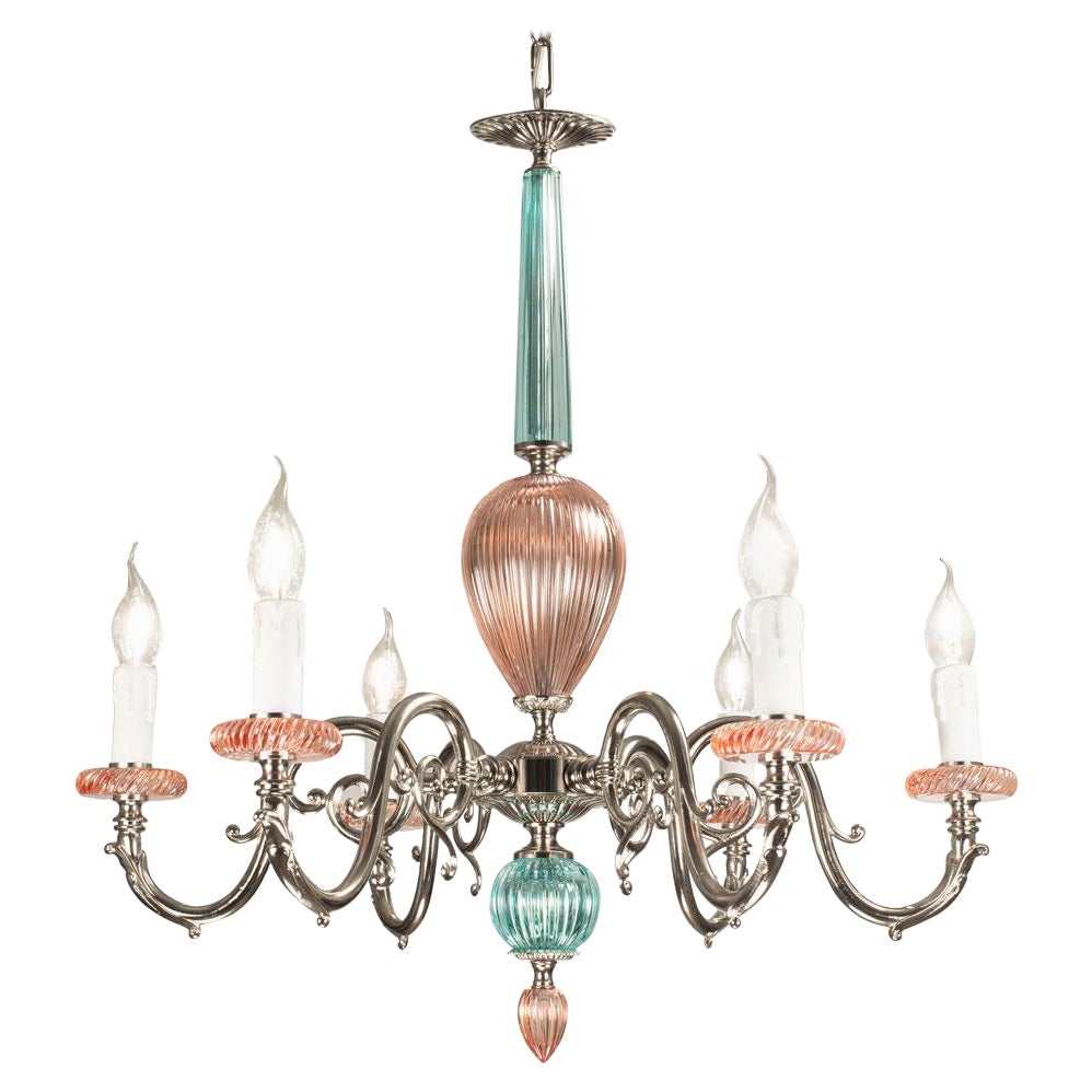 Siglo XXI, Lámpara de 6 Luces de Cristal rosa y verde y Bronce en venta