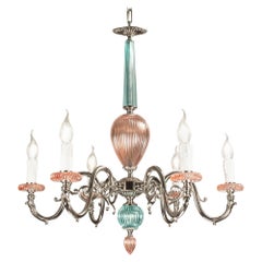 21e siècle, lustre à 6 lumières en cristal rose et vert et bronze