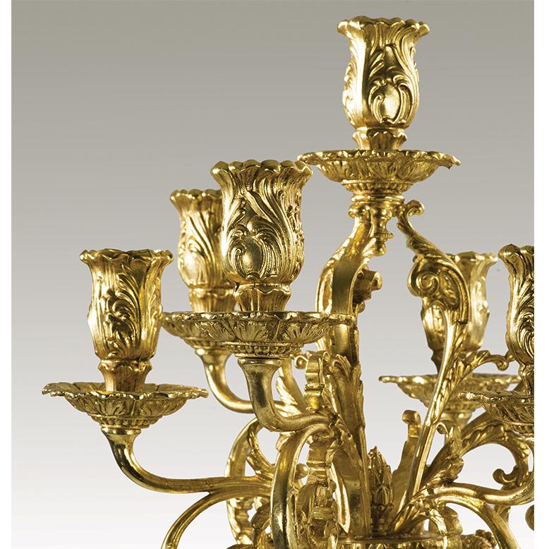 Louis XVI 21st Century, 7-flame golden Bronze Candelabra For Sale