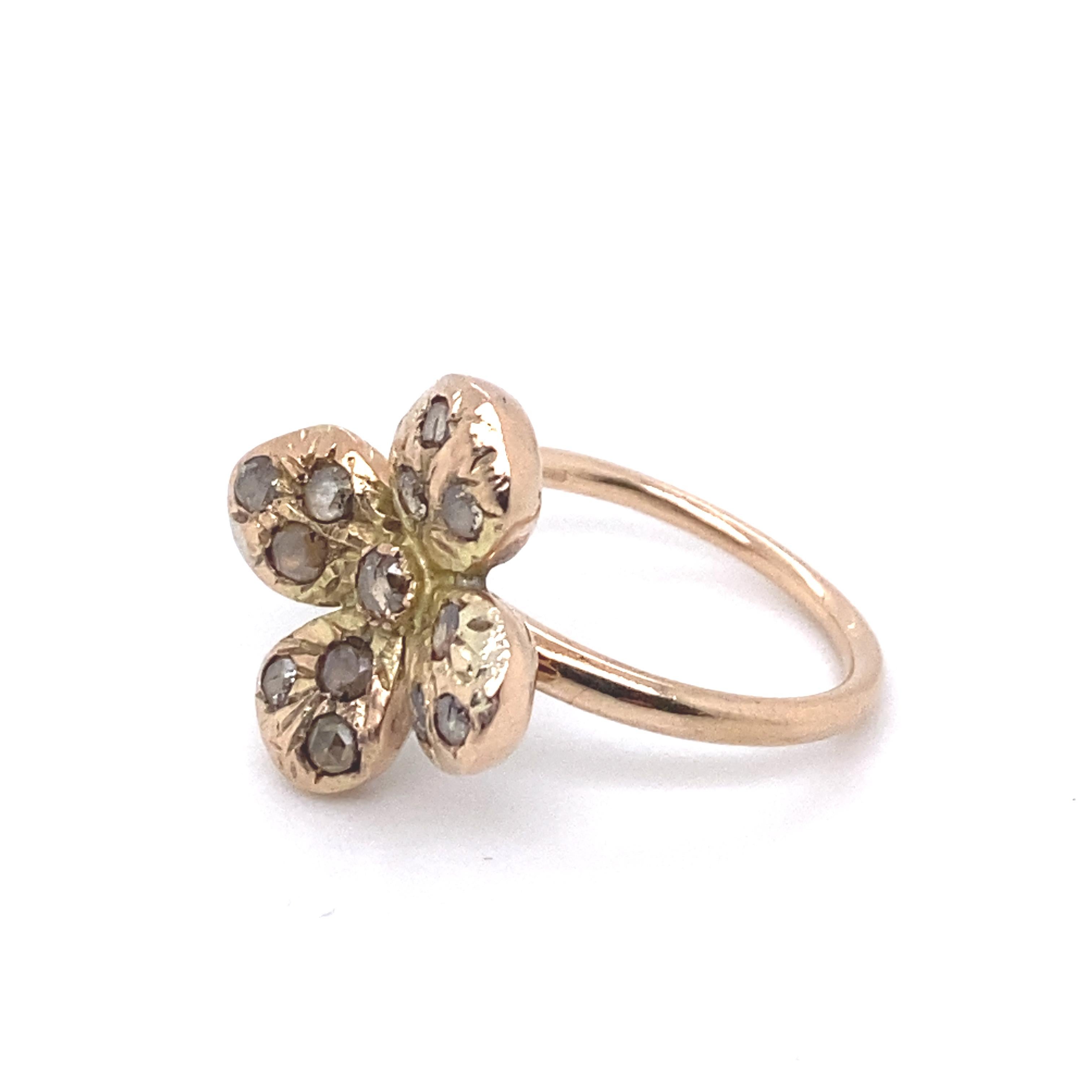 This cocktail ring, masterfully created by hand from 9-karat gold is set with carefully selected rose-cut white diamonds. 

The diamonds total .8 carats. The ring is 1.6 centimetres across (and high), it weighs 4.20 grams. The photographed ring is