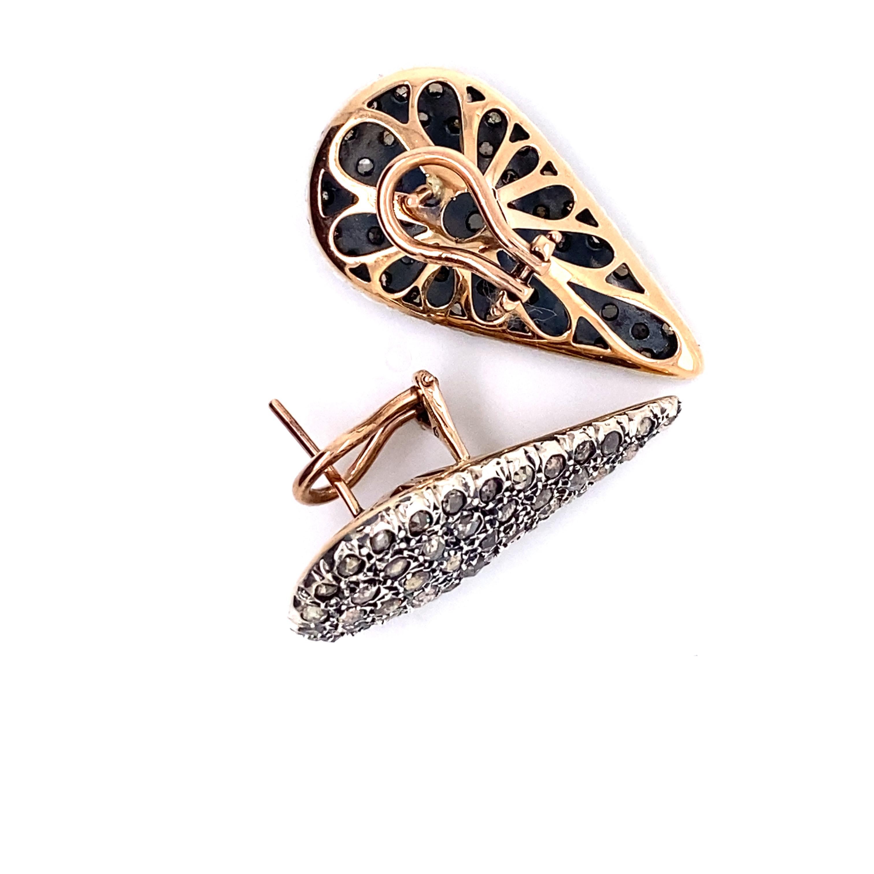 Rose Cut 21st Century 9 Karat Rose Gold and Diamond Drop-Shape Cesellato Earrings For Sale