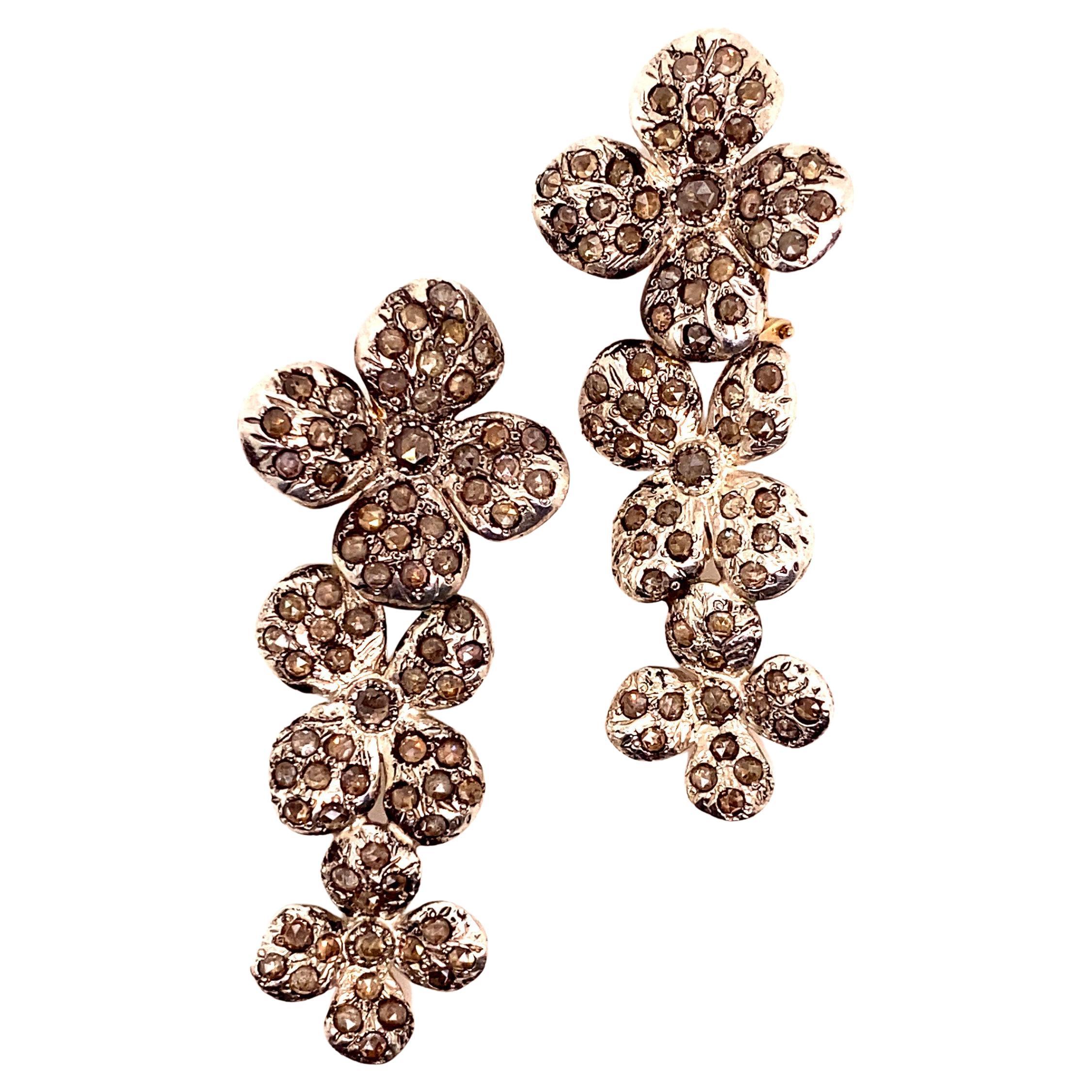 21st Century 9 Karat Rose Gold and 925 Silver Rose-Cut Diamond Earrings