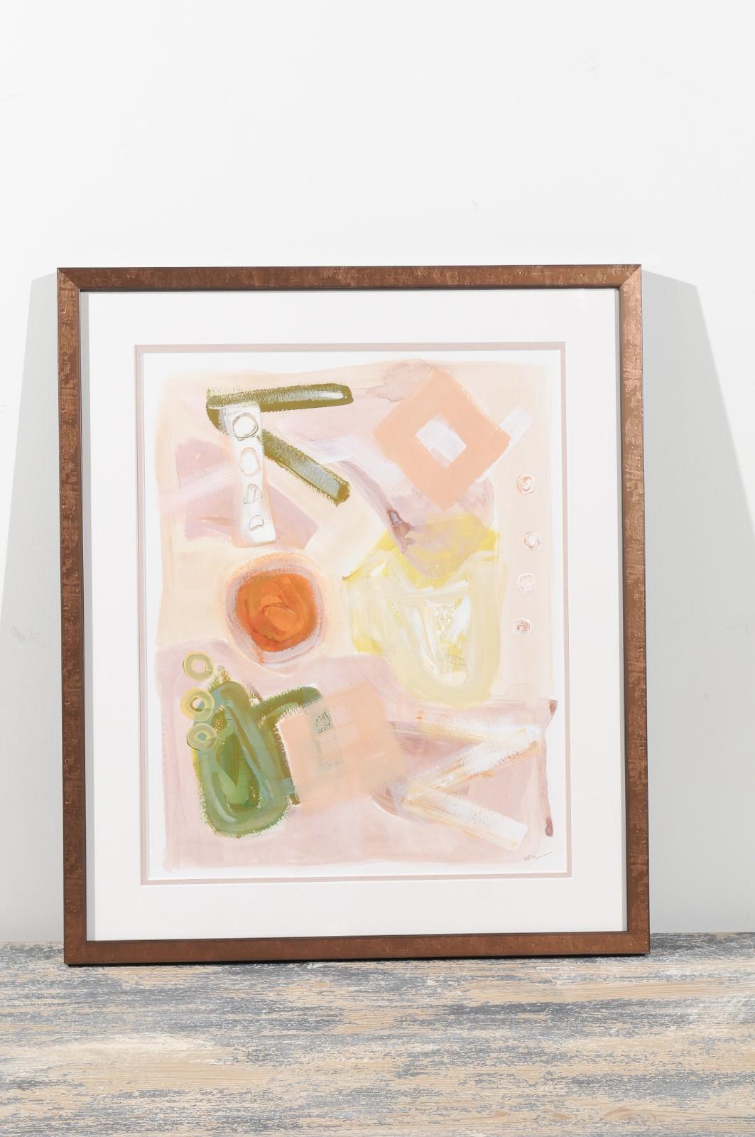 Opposites attract by Brittany McGraw. Measures: 16 x 20 acrylic abstract. Original painting on cold pressed watercolor paper. Linen double-mat framing. Soft spring palette with playful, muted geometric shapes.